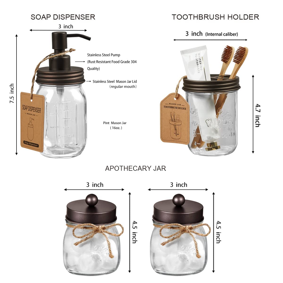 Amolliar Mason Jar Bathroom Accessories Set(4 Pcs) -Lotion Soap Dispenser & 2 Cotton Swab Holder &Toothbrush Holder-Rustic Farmh